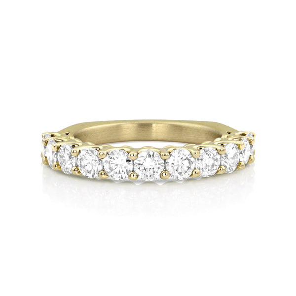 white diamond Euro shank stacking ring, in yellow gold, head-on view <span class='visuallyhidden'>Call, text 323-404-2959 for shopping help.</span>